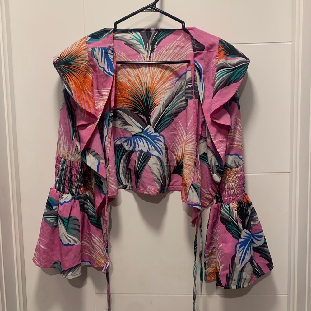 ASOS Pink and Blue Ruffled Bell Sleeve Blouse (Wrap top)